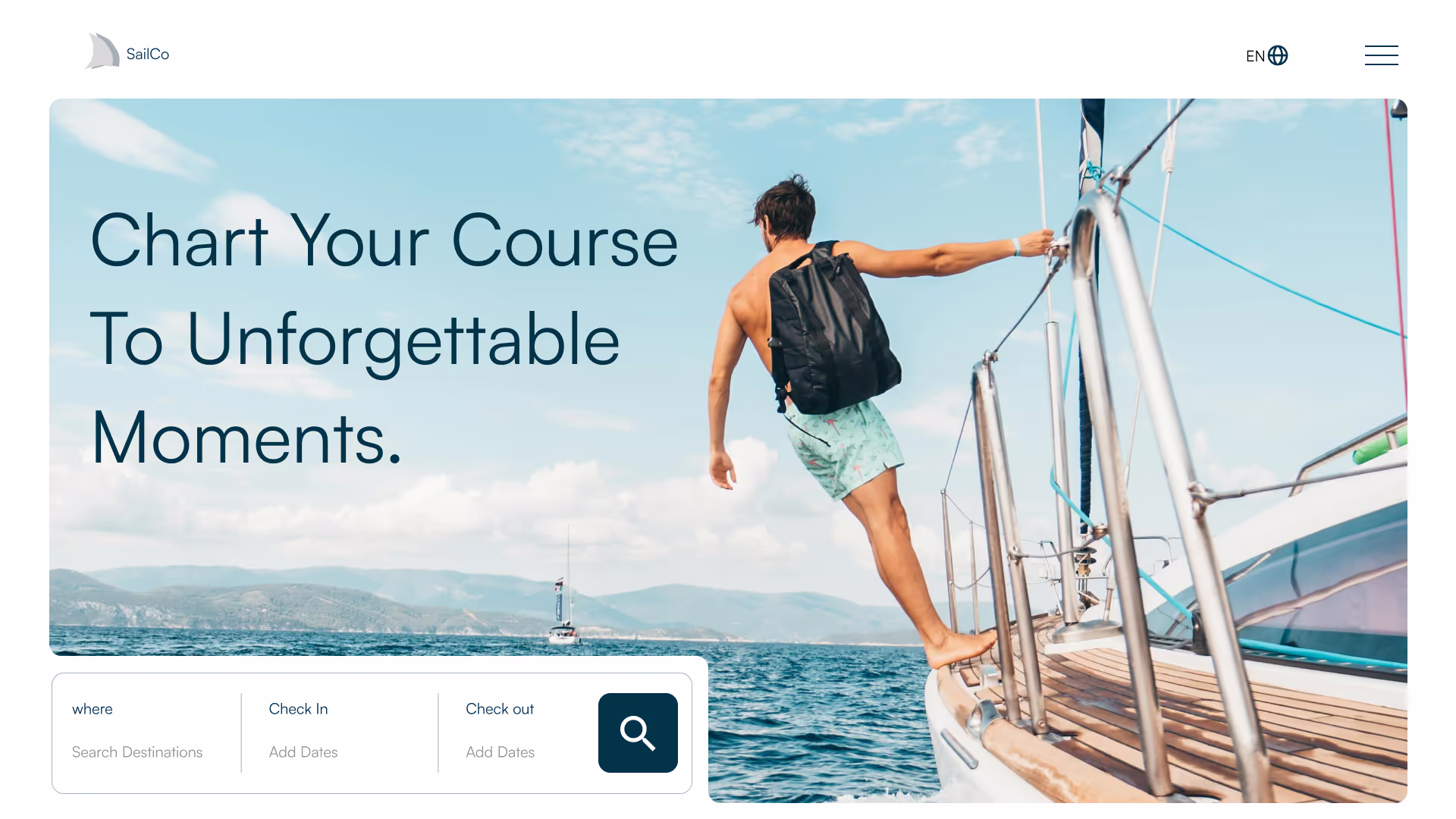 Boat rental website landing section.